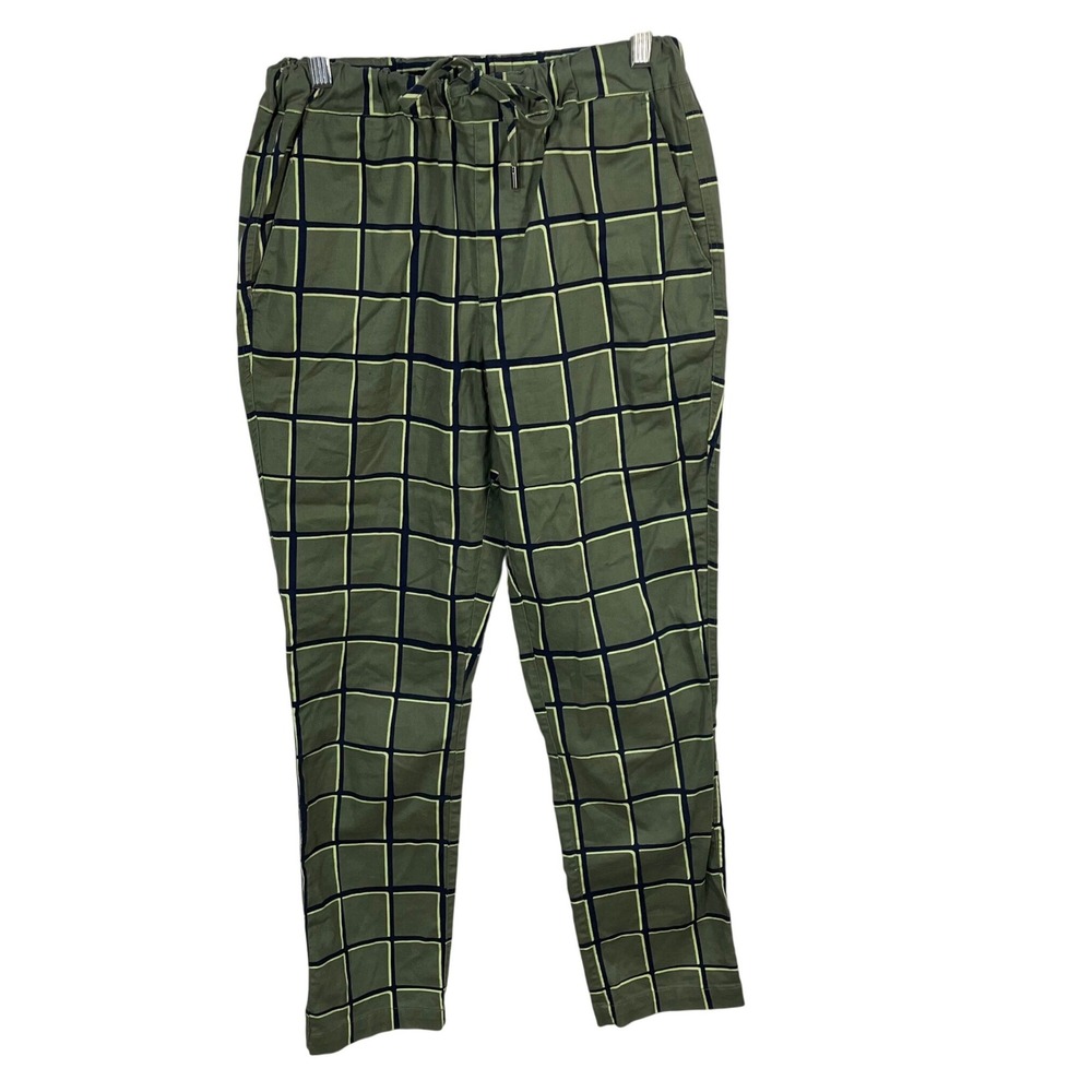 Wildfang Essential Drawstring Pant Pull On Green‎ Plaid Pockets Size XS